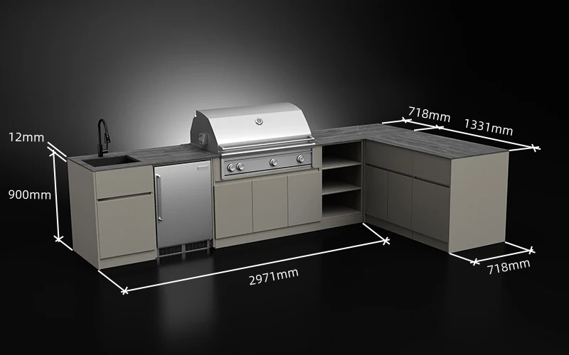 L-Shape Powder Coated Aluminium Outdoor Kitchen Cabinet Size