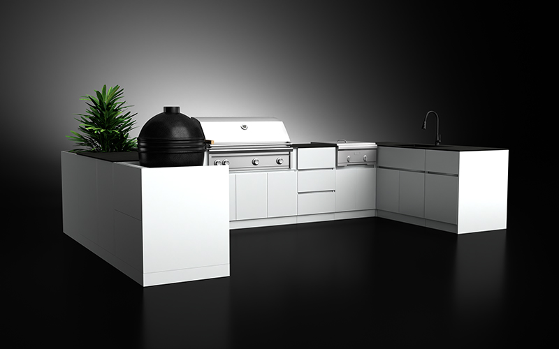 Large U Shaped Outdoor Kitchen Layout With Rock Slat Countertop