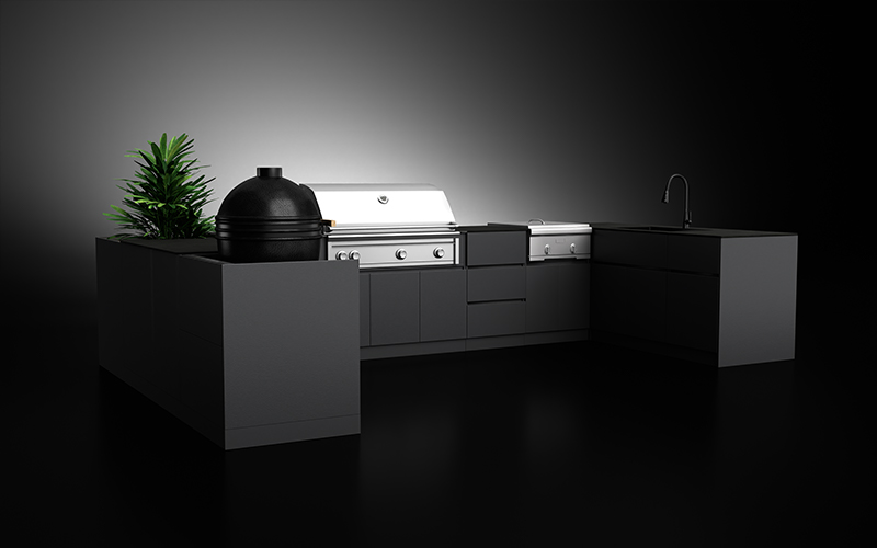 Large U Shaped Outdoor Kitchen Layout With Side Burner Cabinet