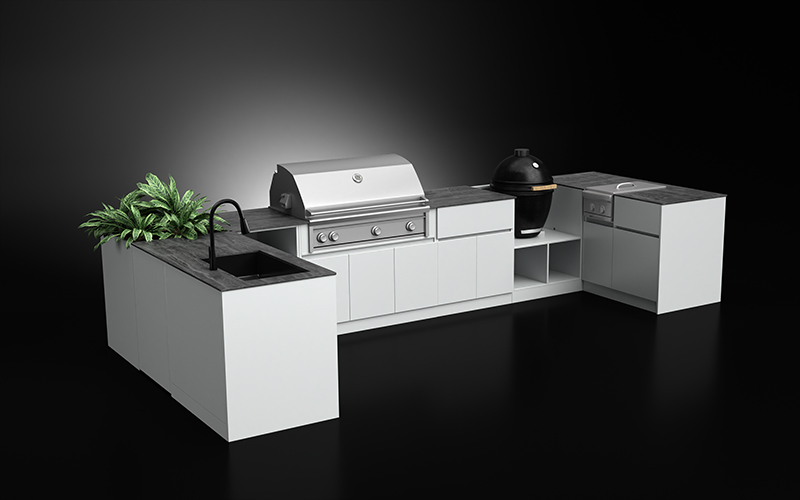 U Shaped Extruded Aluminium Outdoor Kitchen Cabinet Modules With Sintered Stone Countertop