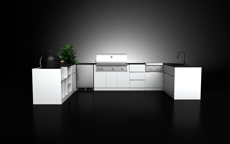White Color Large U Shaped Outdoor Kitchen Layout