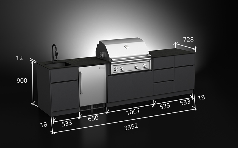 3.3M Outdoor Kitchen Cabinet With Grill Sink And Refrigerator Cabinet