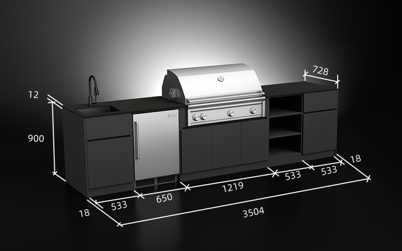 3.5M Outdoor Kitchen Cabinet With Grill Sink And Refrigerator Cabinet
