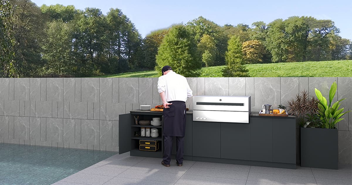 Outdoor BBQ Kitchen Cabinets With Outdoor Planter Near The Swimming Pool