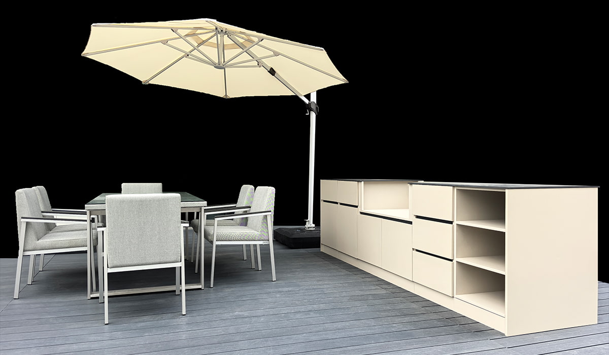 SPACE Works Outdoor Kitchen Cabinets With Decking Parasol And Outdoor Furniture
